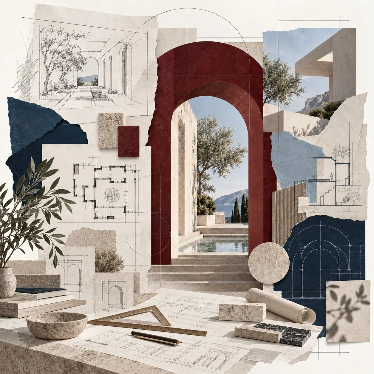 لوحة معمارية تجمع الرسومات والمخططات والقوس المعماري